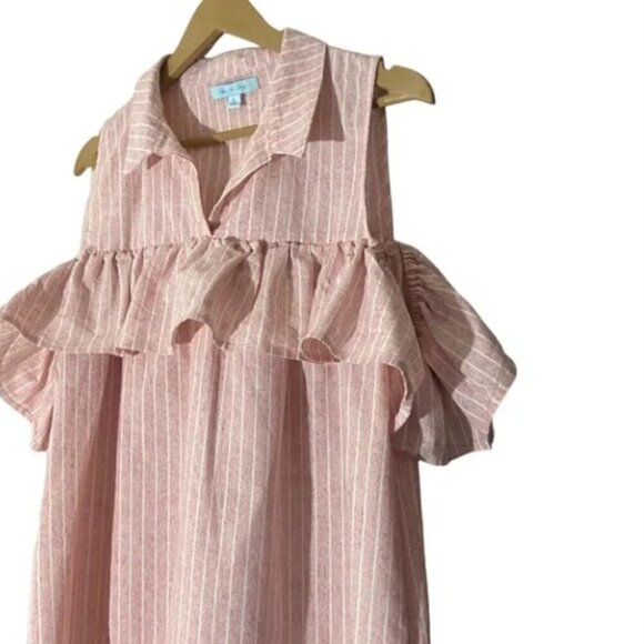 She + Sky pink and white stripe ruffle cold shoulder shirt midi dress Size L - Picture 4 of 4